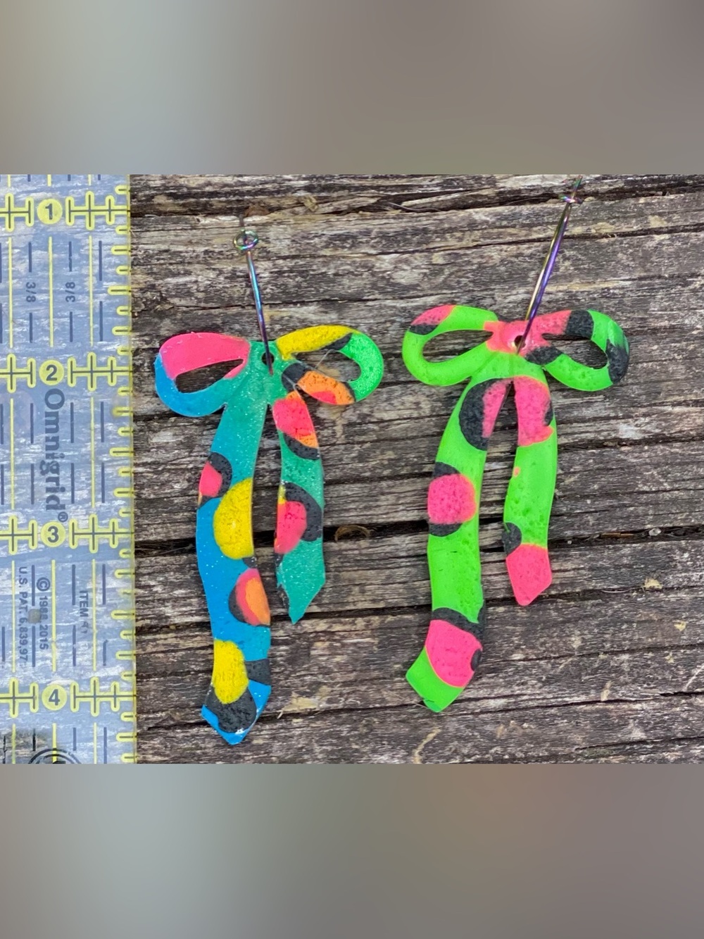 Handcrafted Neon Polka Dot Bow  Earrings - Bright Blue & Green
